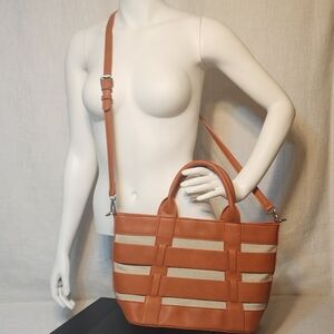 Miztique Orange Faux Leather Canvas Stripe Tote Travel Handbag Purse Crossbody